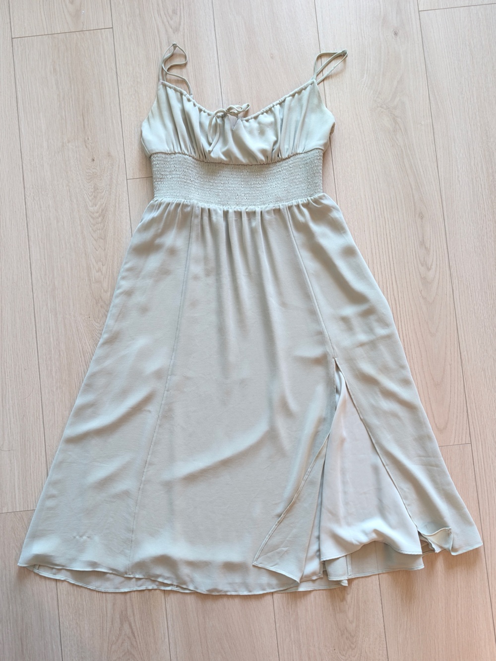 Wilfred Sage Green Smocked-Waist Spaghetti Strap Dress